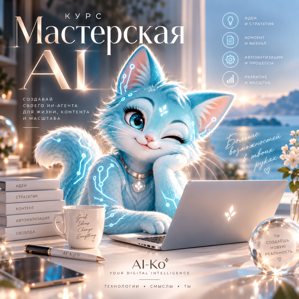 Полная обложка курса Мастерская AI с нейрокотиком AI-ko
